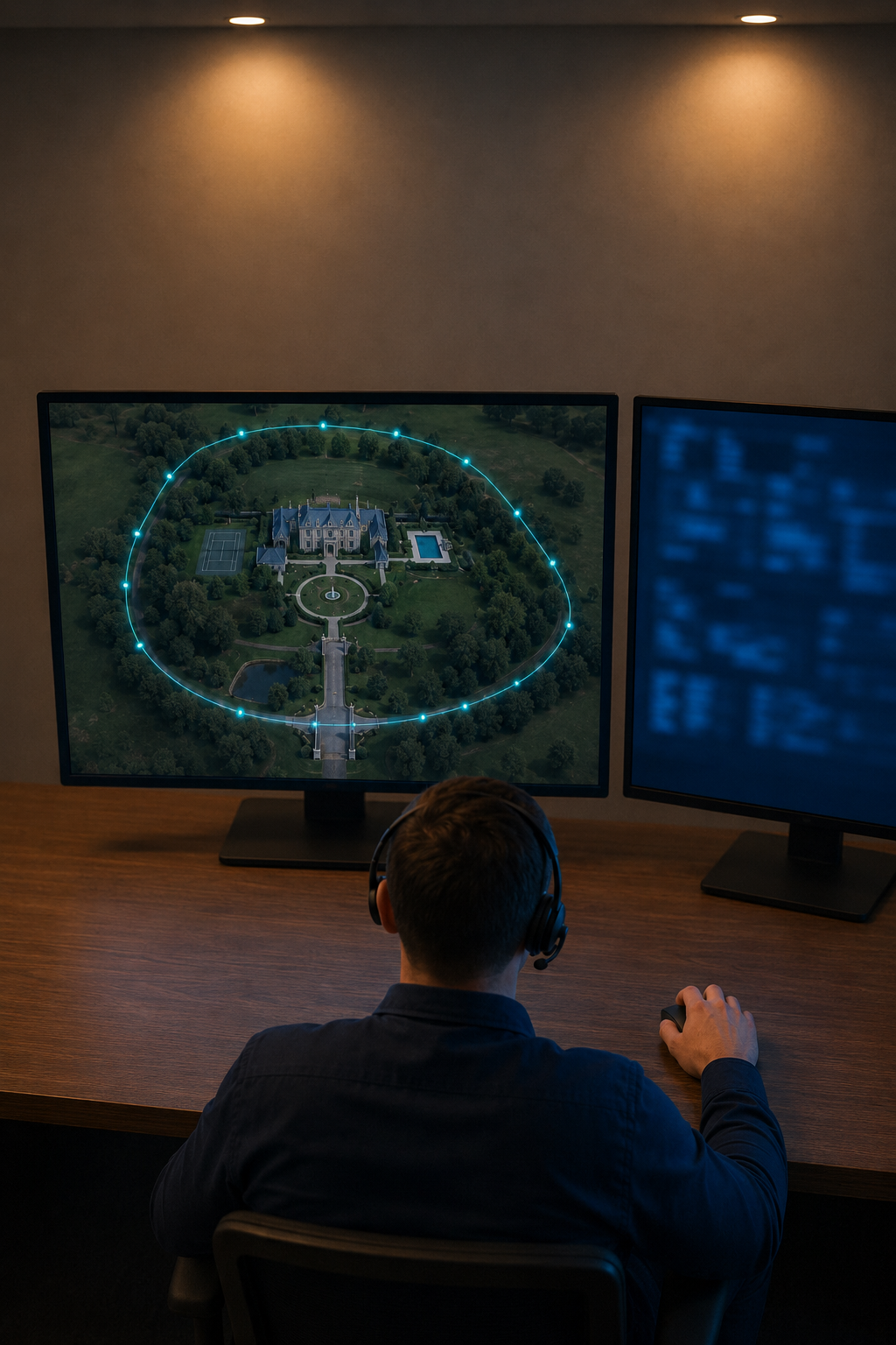 Two monitoring-team operators at a desk of screens in a security operations room