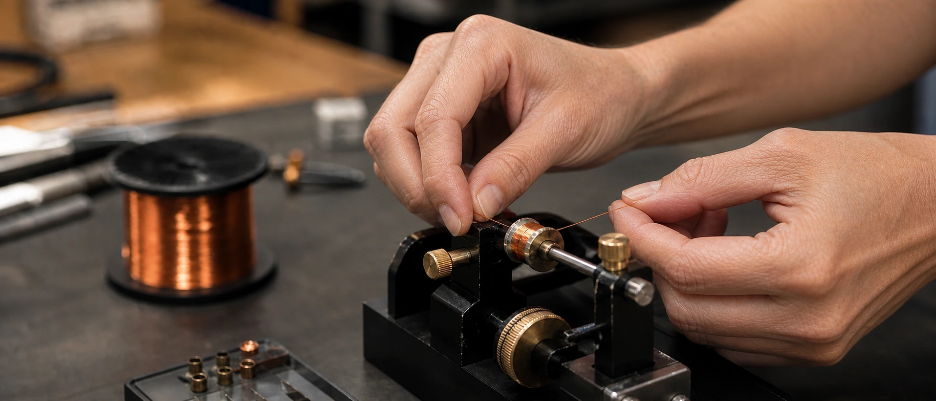 Mature hands guide fine copper wire onto a small component using a clean manual precision winding fixture